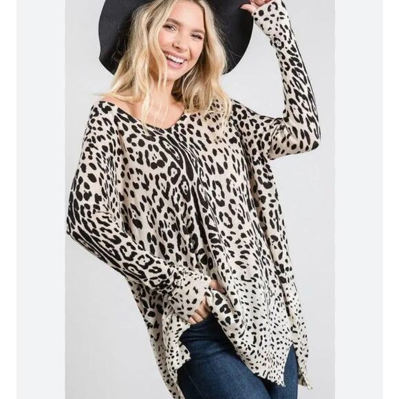 Ellison Sweaters - Ellison Tunic Sweater Linen Blend Animal Print V Neck Oversized Leopard Knit S